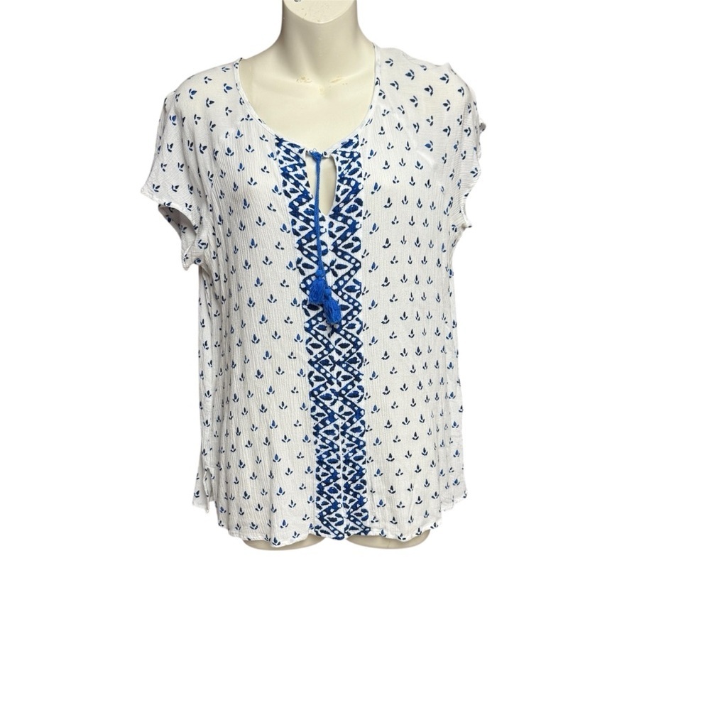 Liz Claiborne White and Blue Blouse size medium blue tassels semi sheer